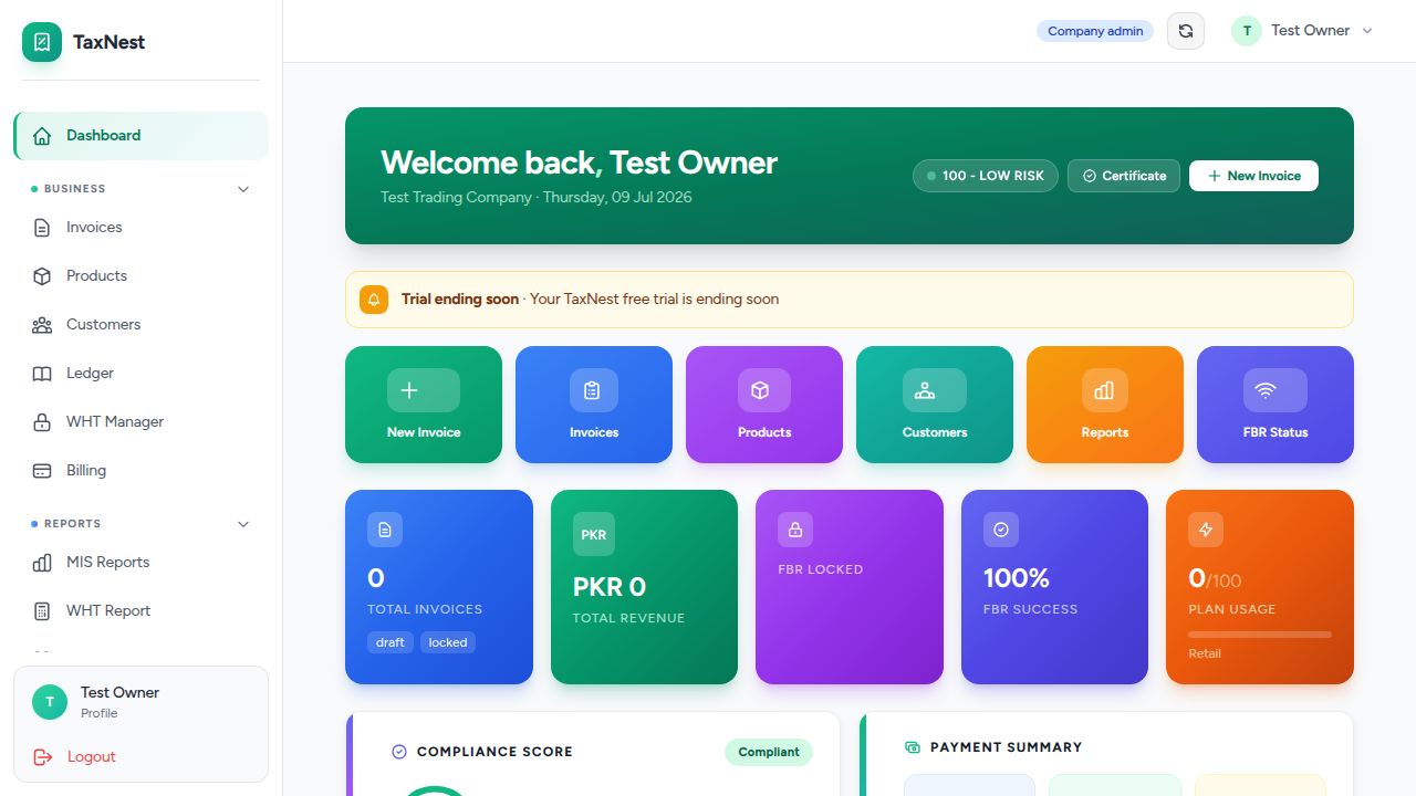 TaxNest Digital Invoice dashboard