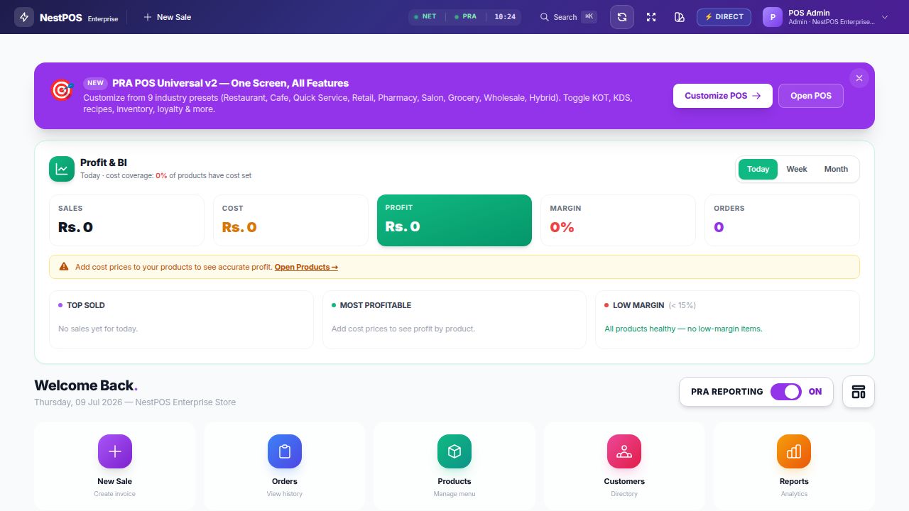 NestPOS dashboard with profit and BI